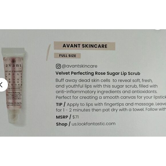 AVANT Hyaluronic Argan Oil PEONY SWEET ALMOND ROSE SUGAR LIP SCRUB 0.34 Oz NEW - Picture 3 of 3